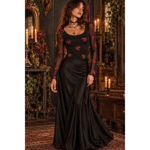 NWT Cache 90s Y2K Black Sheer Mesh Red Floral Embroidered Bodysuit Whimsigoth L